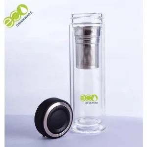 GA6015 Garrafa de chá com infusor de vidro de borosilicato de parede dupla com logótipo personalizado e tampa em pele para infusor de chá