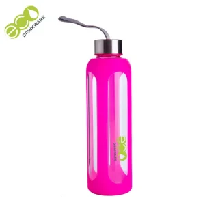 Custom logo single wall borosilicate glass water bottle with silicone sleeve