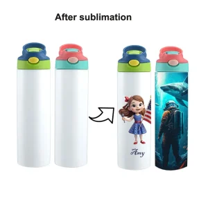 Two photos of sublimation flask shown before and after sublimation process. The first photo shows plain white bottles, while the second one shows the same bottles with printed designs featuring a girl holding an American flag and an underwater explorer with a shark.