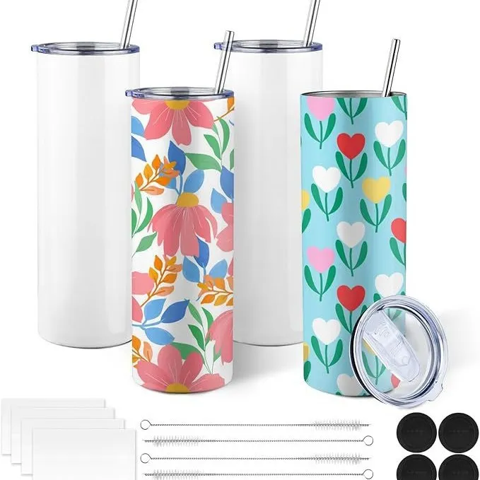 Four stainless steel 20oz sublimation tumbler, two plain white and two with colorful floral patterns, alongside accessories like straw brushes and lids.