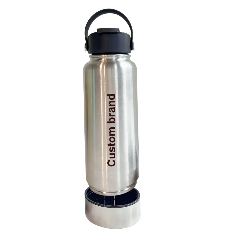 Stainless steel water bottle with a custom brand logo and a black handle