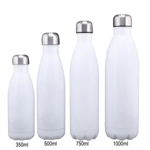 Four white sublimation S'well bottles in varying sizes: 350ml, 500ml, 750ml, and 1000ml.