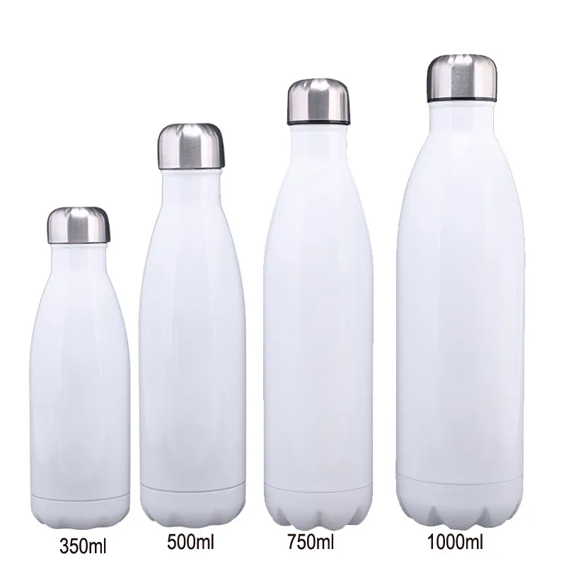 Four white sublimation S'well bottles in varying sizes: 350ml, 500ml, 750ml, and 1000ml.