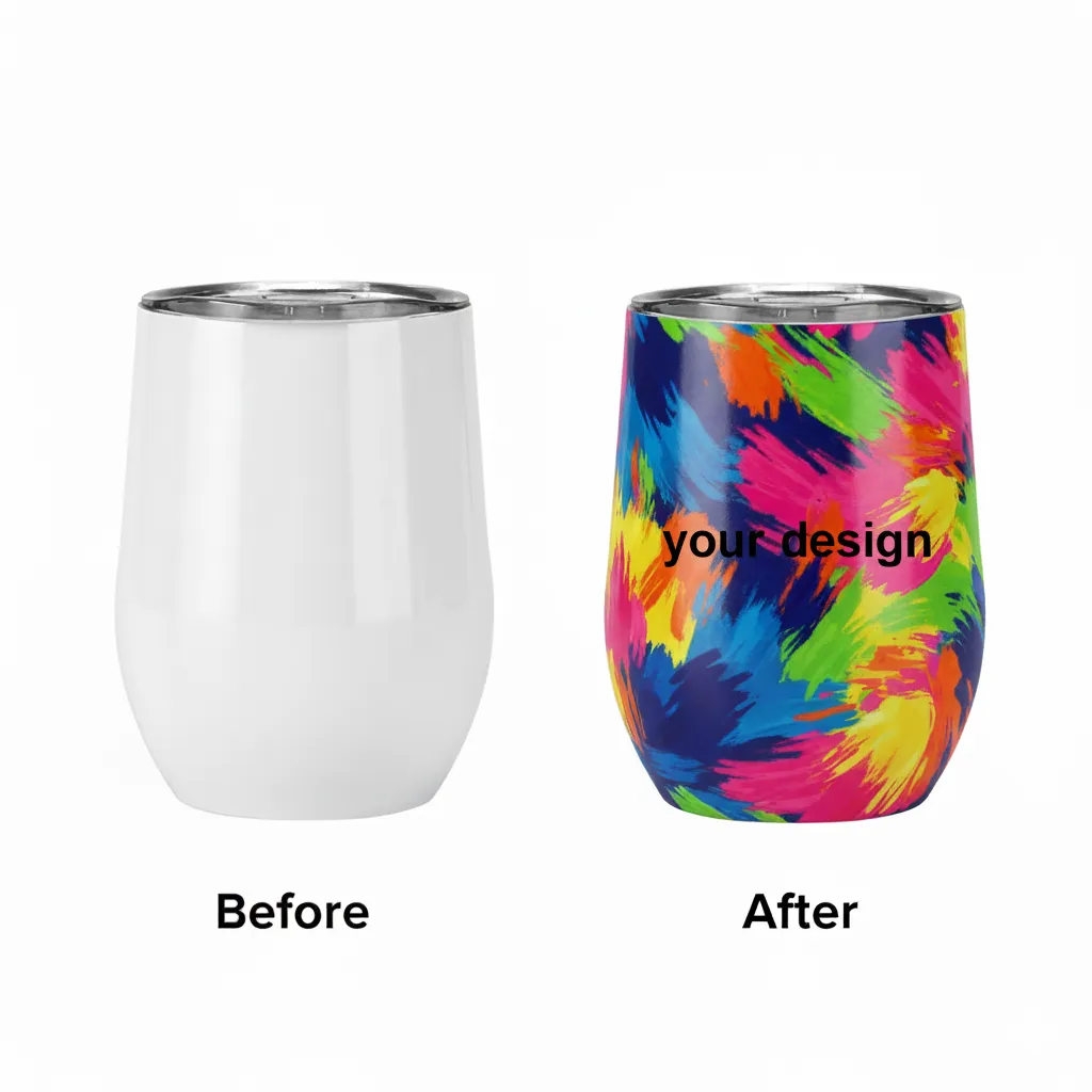A comparison of a plain white tumbler and a colorful designed tumbler with the text 'your design'.