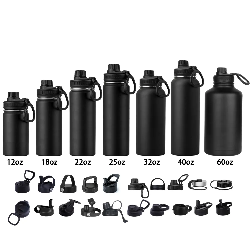 A lineup of black insulated bottles of varying sizes from 12oz to 60oz, with different types of lids displayed beneath them.