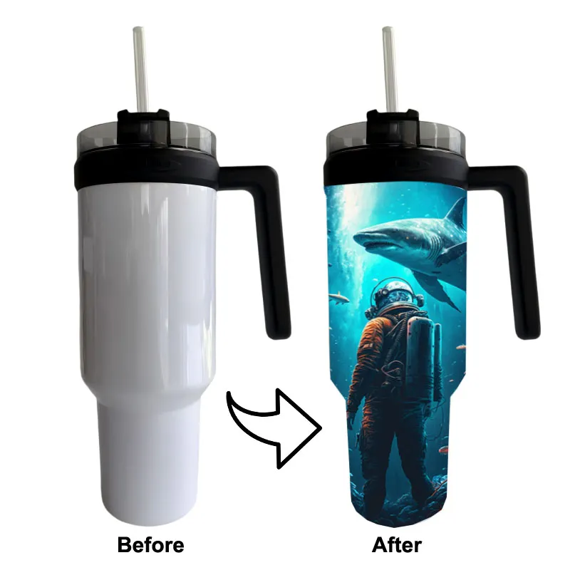A before and after image showing a white tumbler transformed with a design featuring 40oz Sublimation Tumbler With Removeable Handle