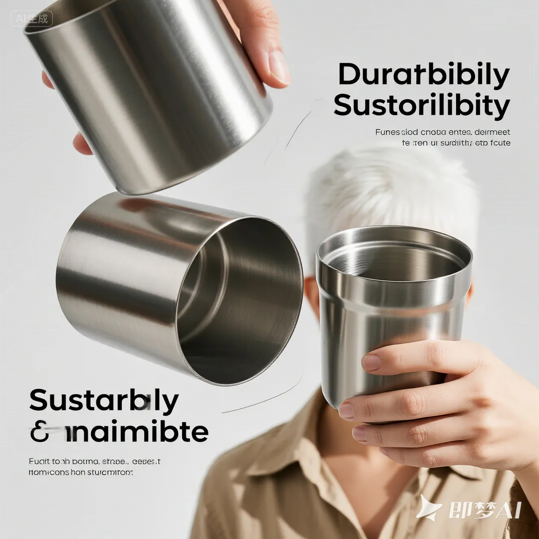 Person holding stainless steel cups with abstract text on benefits