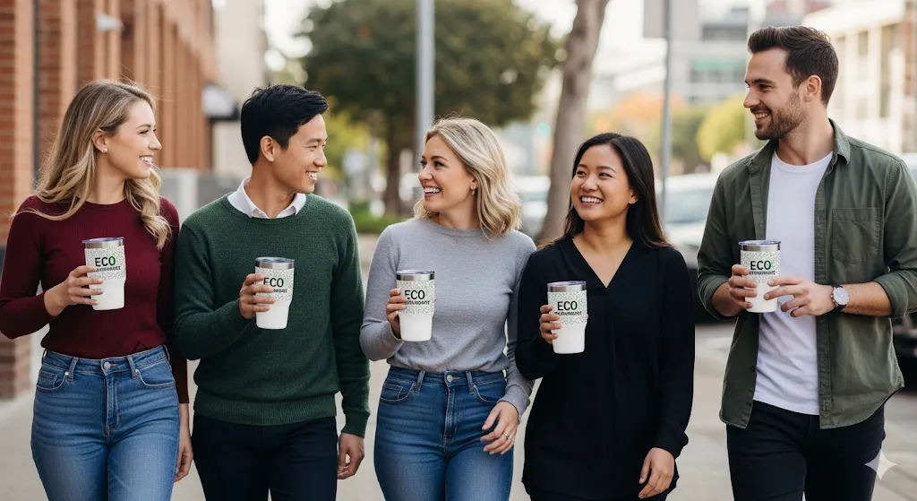 A group of people walking on a sidewalk, all holding eco-friendly drink cups, with a street and buildings in the background.