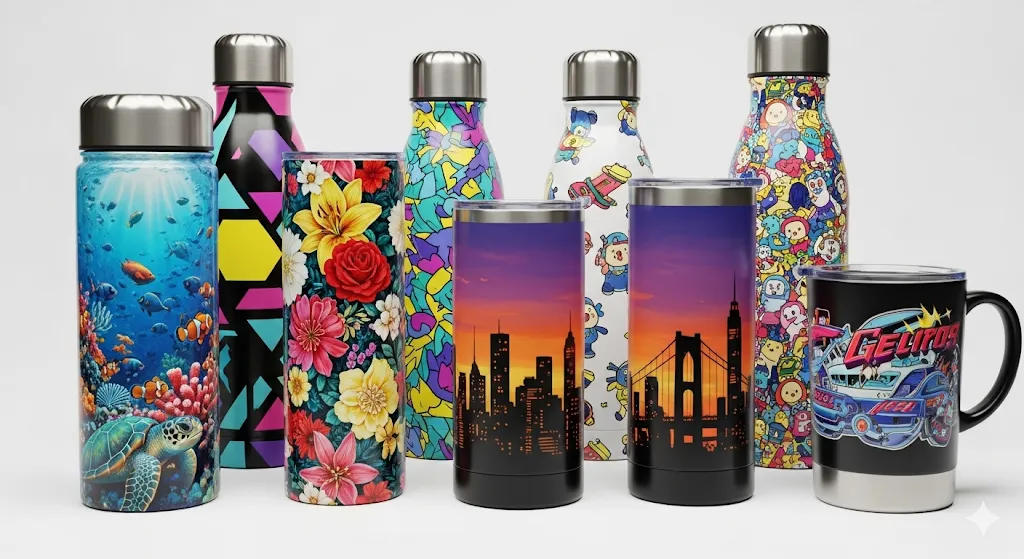 A collection of thermos bottles and a mug with various colorful patterns including oceanic, geometric, floral, cityscape, character, and retro car designs.