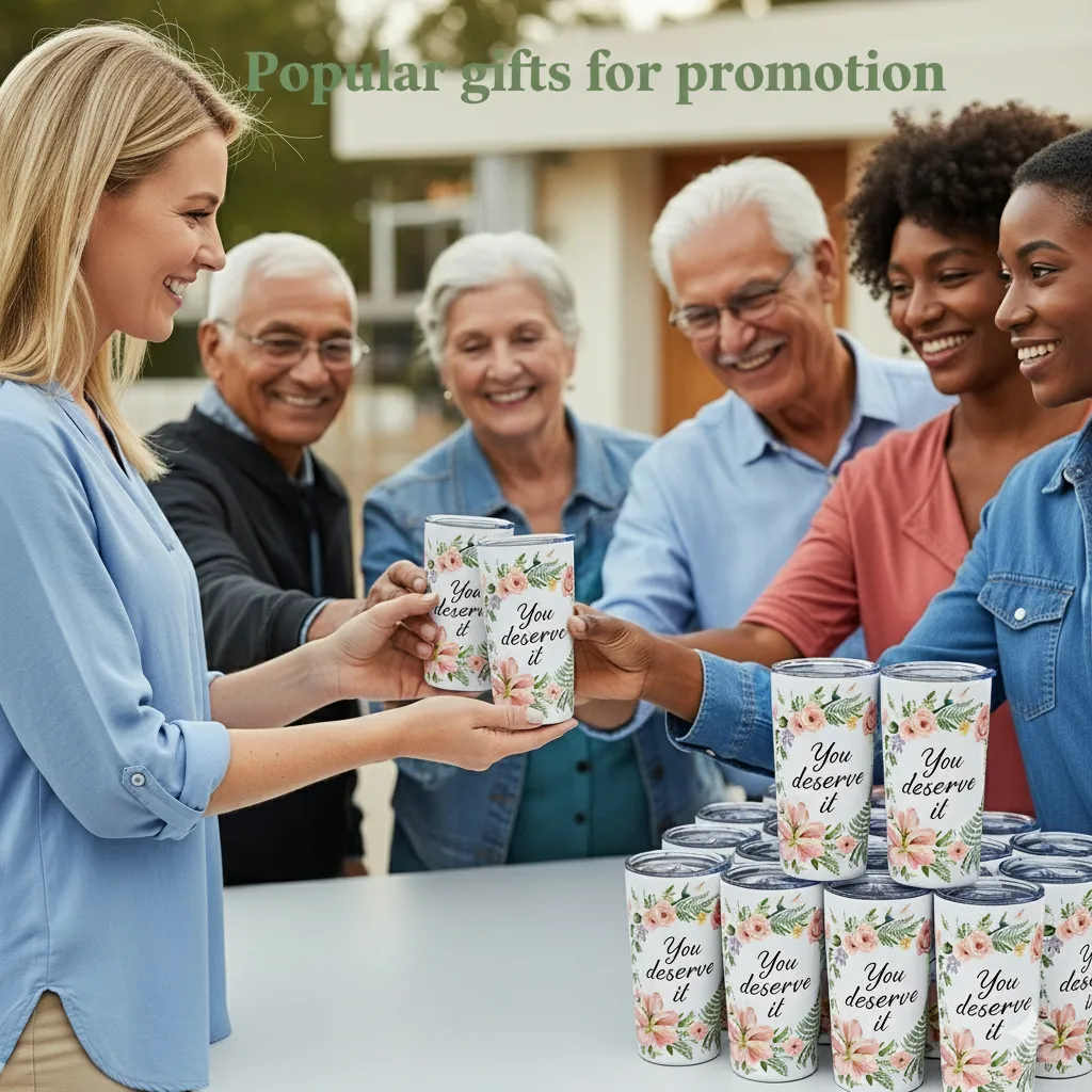 Group of people exchanging decorative cups with 'You deserve it' text outdoors.