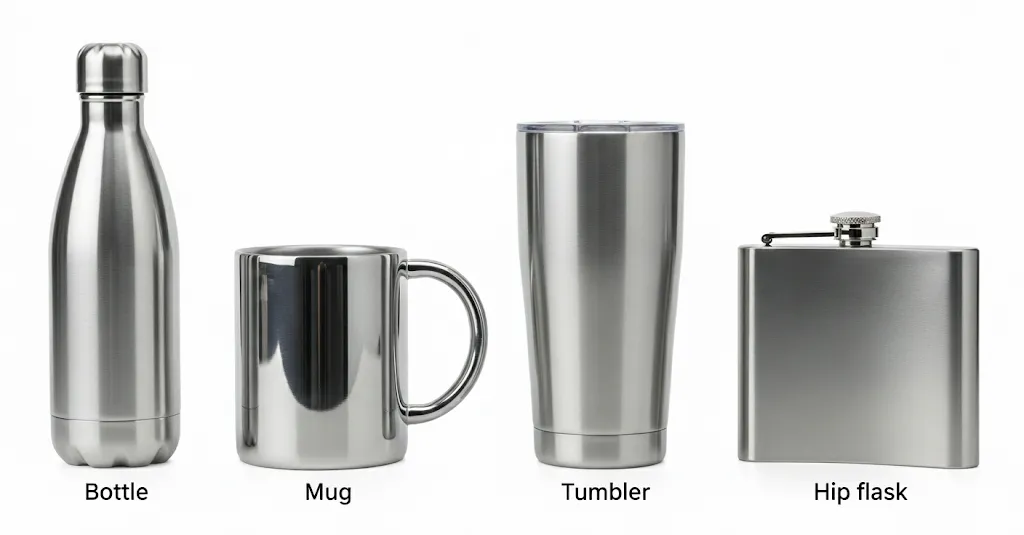 Image showing different types of stainless steel drinkware: a bottle, mug, tumbler, and hip flask, each labeled accordingly.