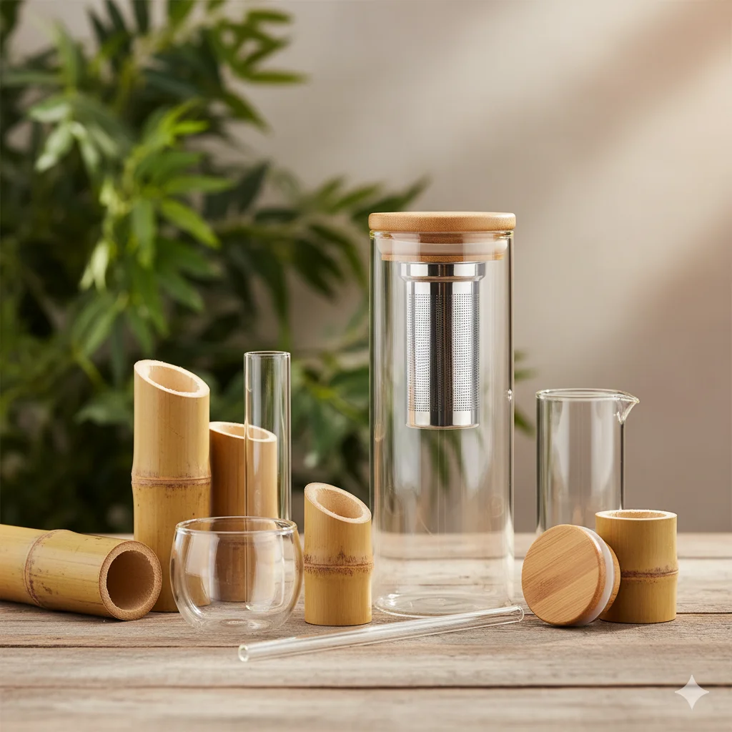 A bamboo and glass tea set featuring a jar, infuser, and bamboo accents on a wooden surface.