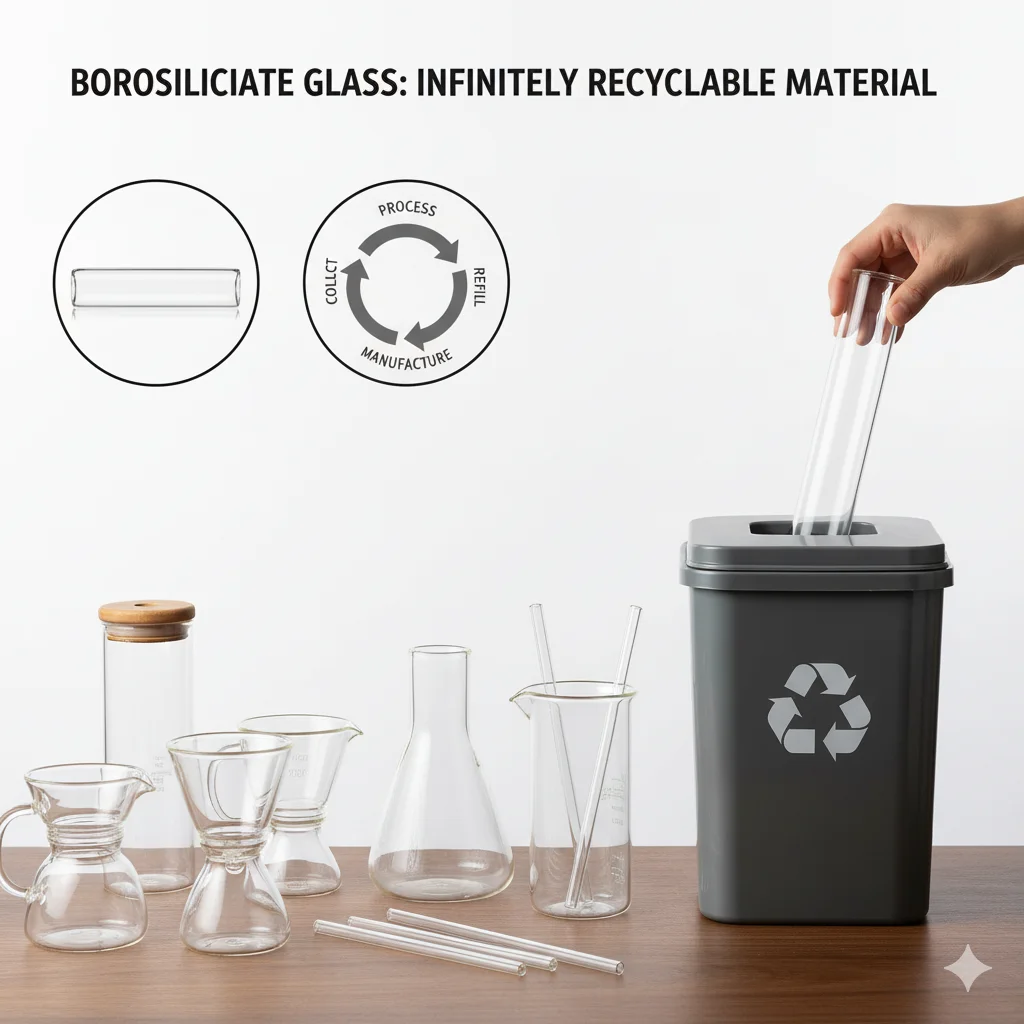 Various borosilicate glass items near a recycling bin emphasizing recyclability.