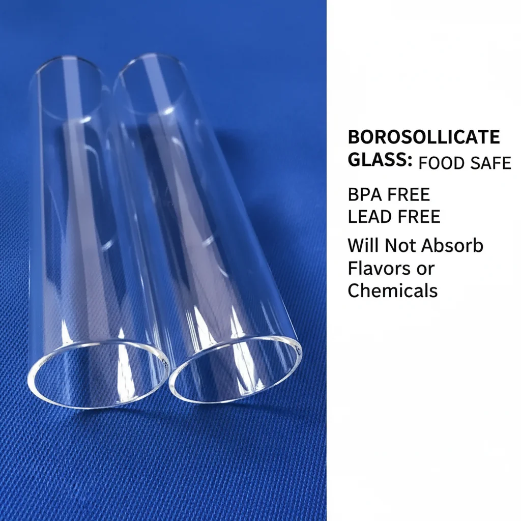 Two clear borosilicate glass tubes placed on a blue background, labeled as food safe, BPA and lead free.