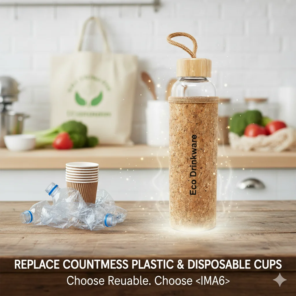 Eco-friendly glass bottle with cork sleeve on a kitchen counter, surrounded by vegetables, reusable bags, and plastic waste.
