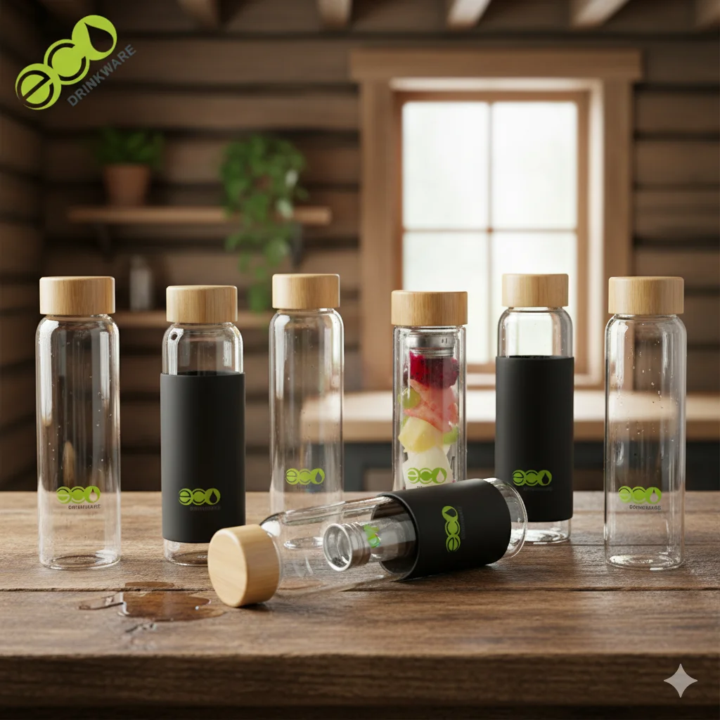 Eco-friendly glass water bottles with bamboo lids and black sleeves on a wooden table.