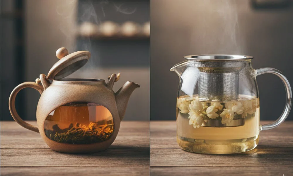 A ceramic teapot with brown tea and a glass infuser pot with flowers, both steaming on a wooden table.