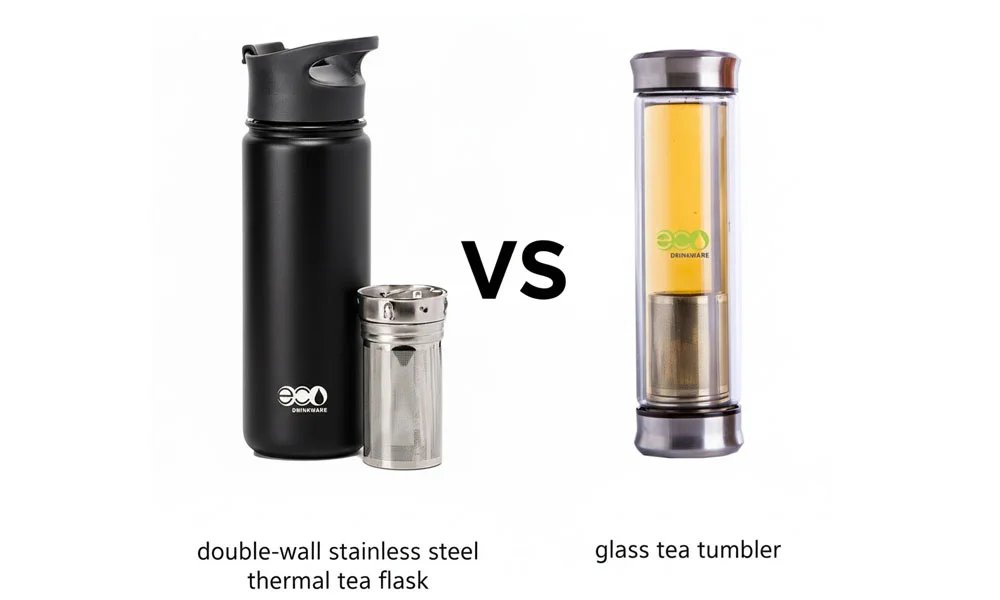 Comparison of double-wall stainless steel thermal tea flask and glass tea tumbler with their respective designs and features.