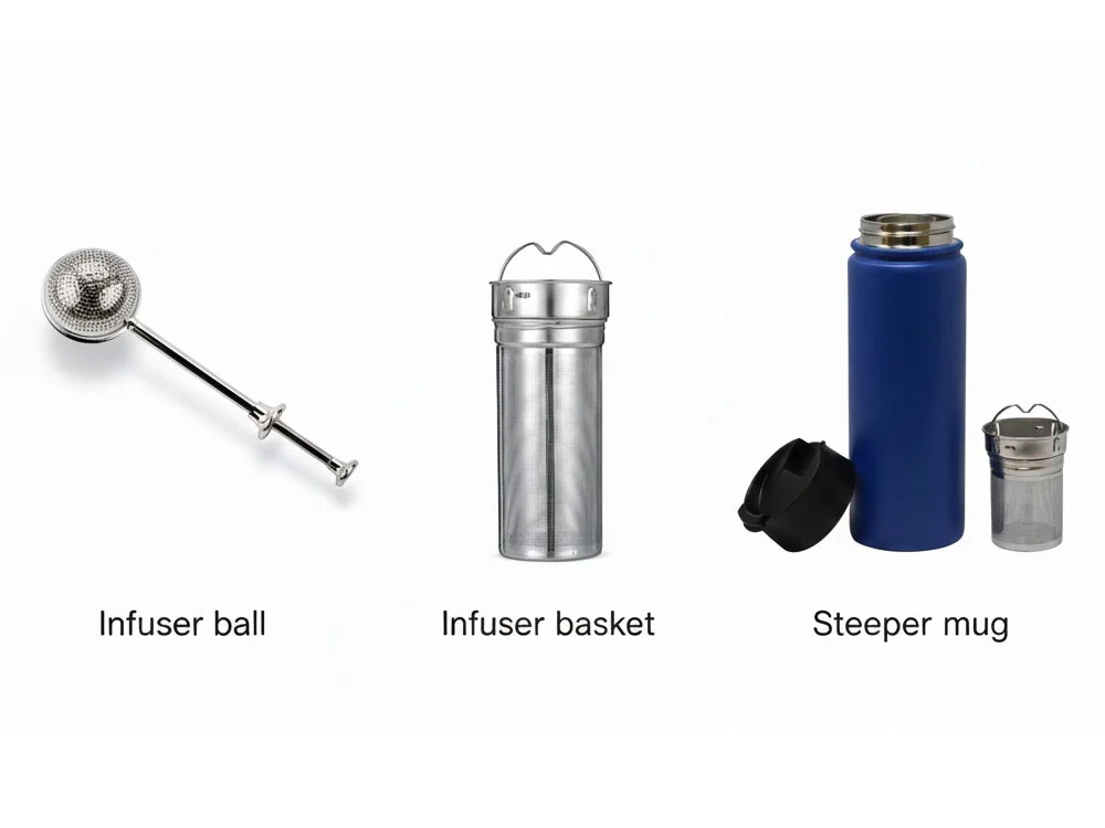 Stainless steel tea infuser ball, basket, and blue steeper mug with removable lid and infuser basket.
