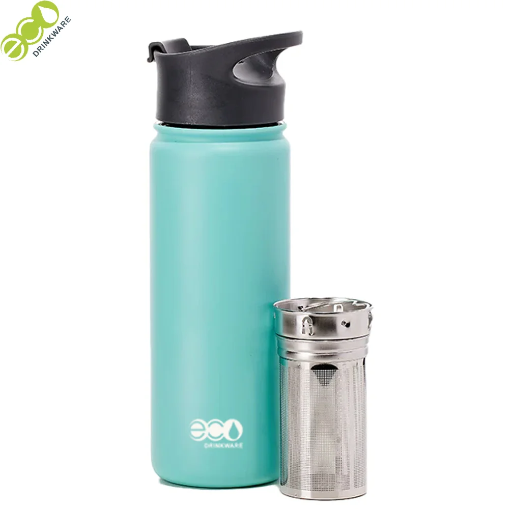 Teal eco-friendly vacuum flask with black lid and silver infuser.
