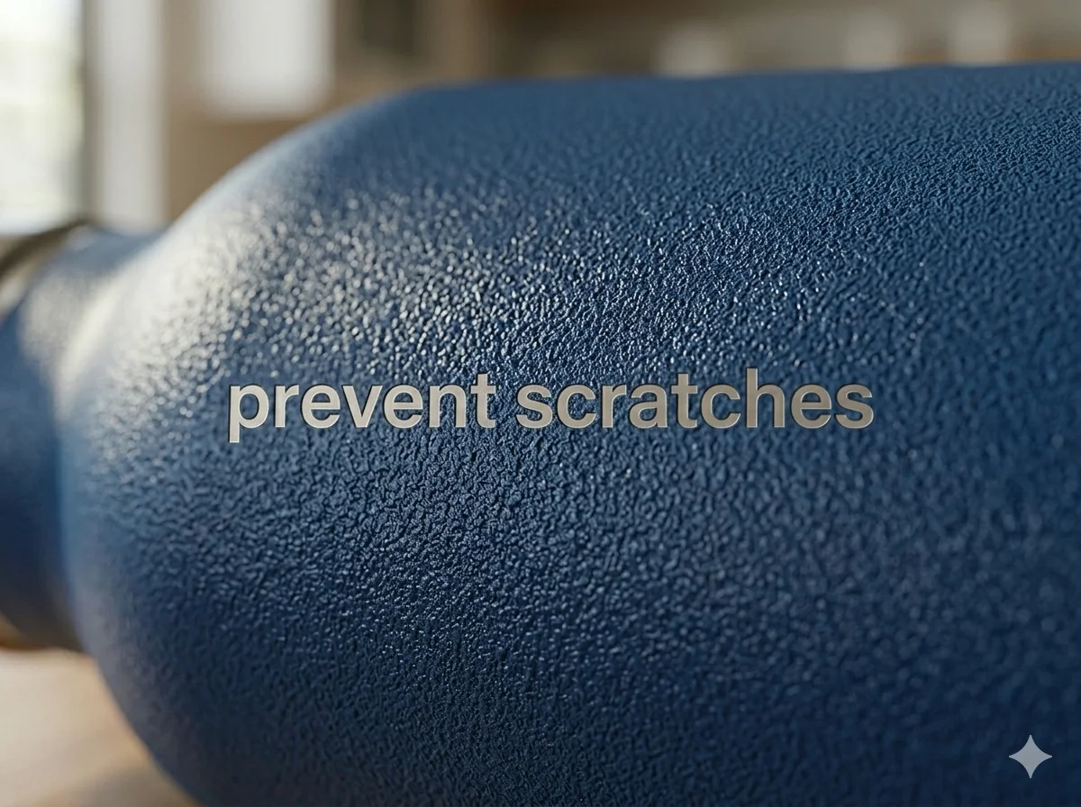 Close-up of a blue textured surface of a bottle with the words 'prevent scratches' highlighting its durability.