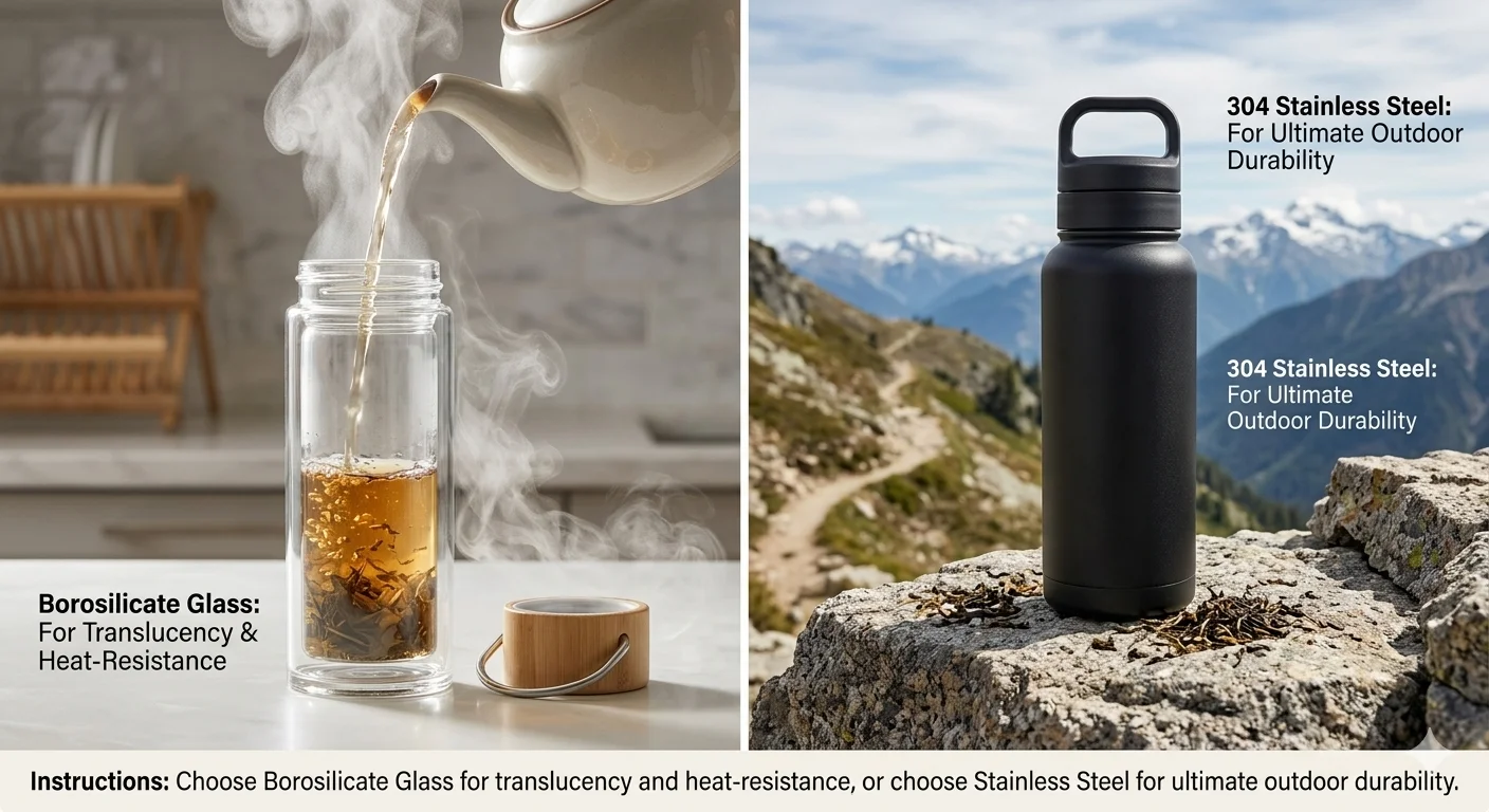 Borosilicate glass with tea and stainless steel bottle outdoors, showcasing glass for translucency and steel for outdoor durability.