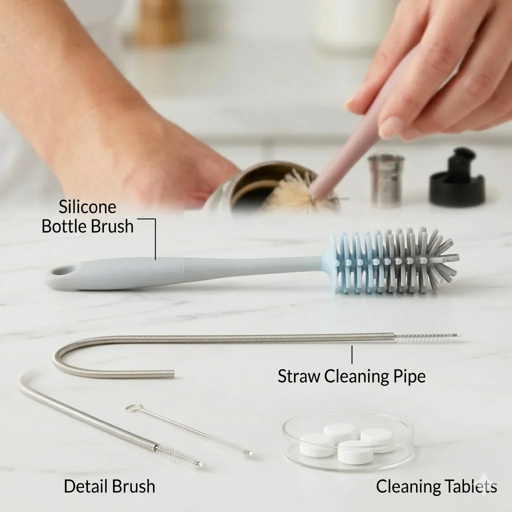A complete bottle cleaning kit including a silicone bottle brush, straw cleaning pipe, detail brush, and cleaning tablets.