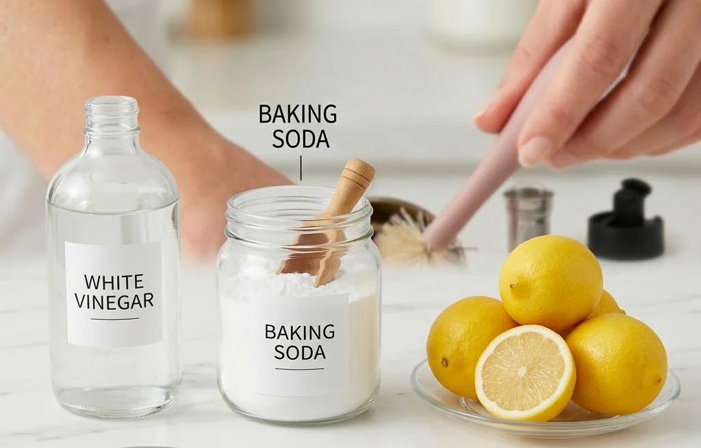 White vinegar bottle, baking soda jar, and fresh lemons on a table, used for natural cleaning solutions.