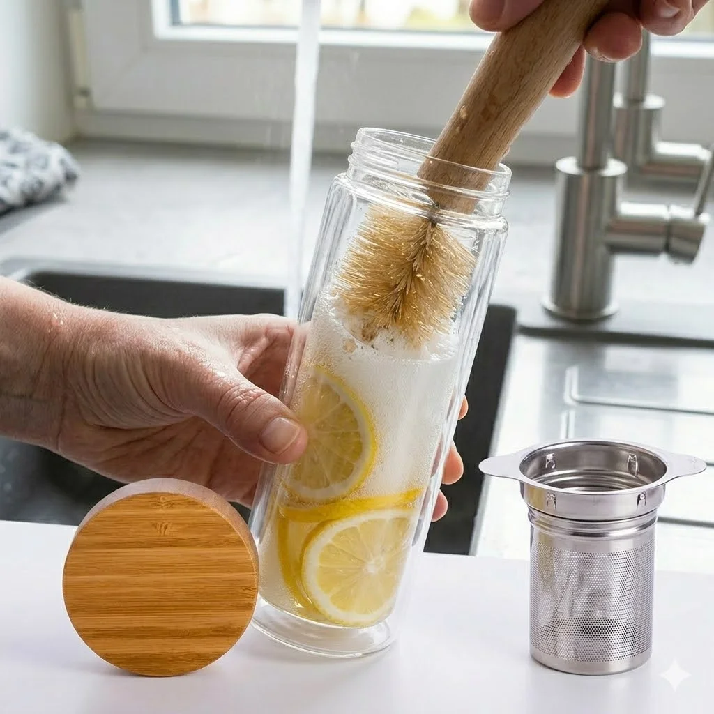 Hand cleaning a glass bottle with lemons inside, using a scrub brush, beside a metal strainer and bamboo lid.