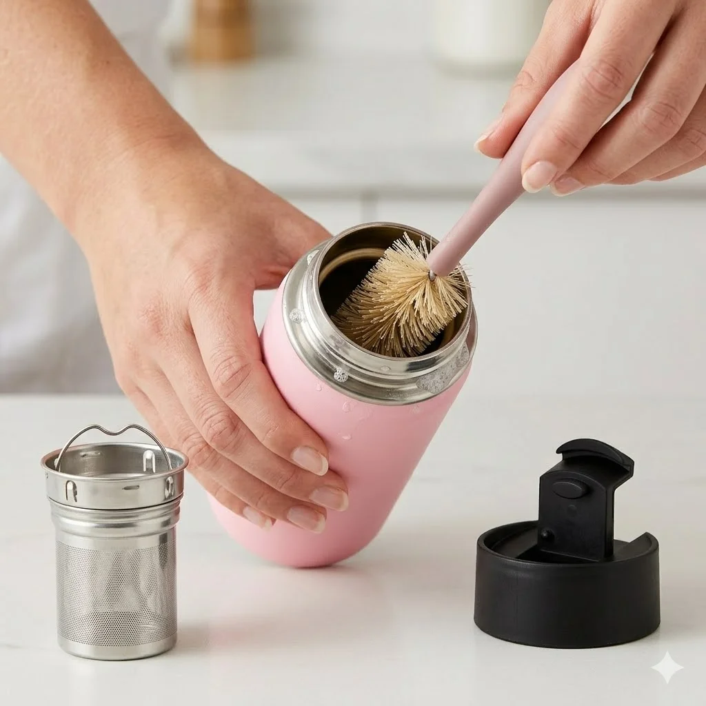 Hands using a brush to clean a pink stainless steel bottle with filter and lid on a white surface.