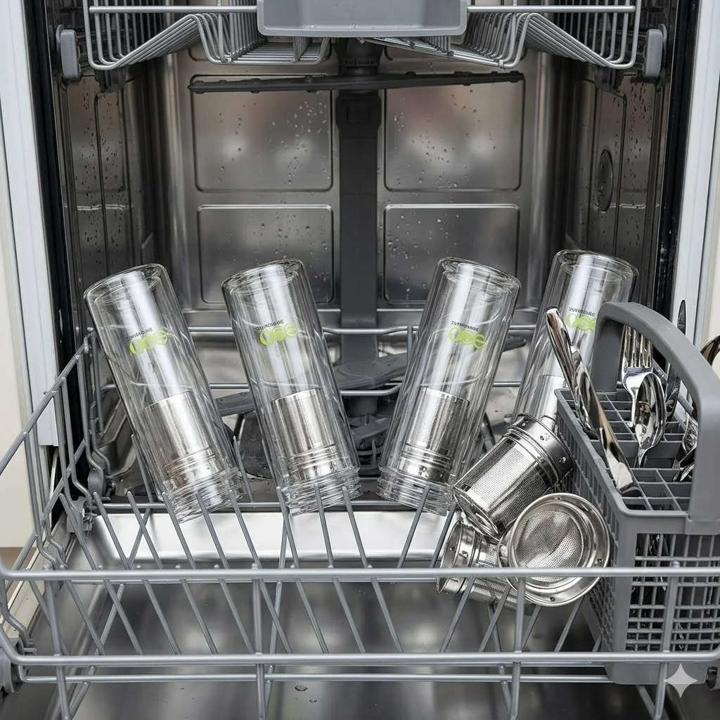 Four glass cups with stainless steel filters in a dishwasher, ready for cleaning.