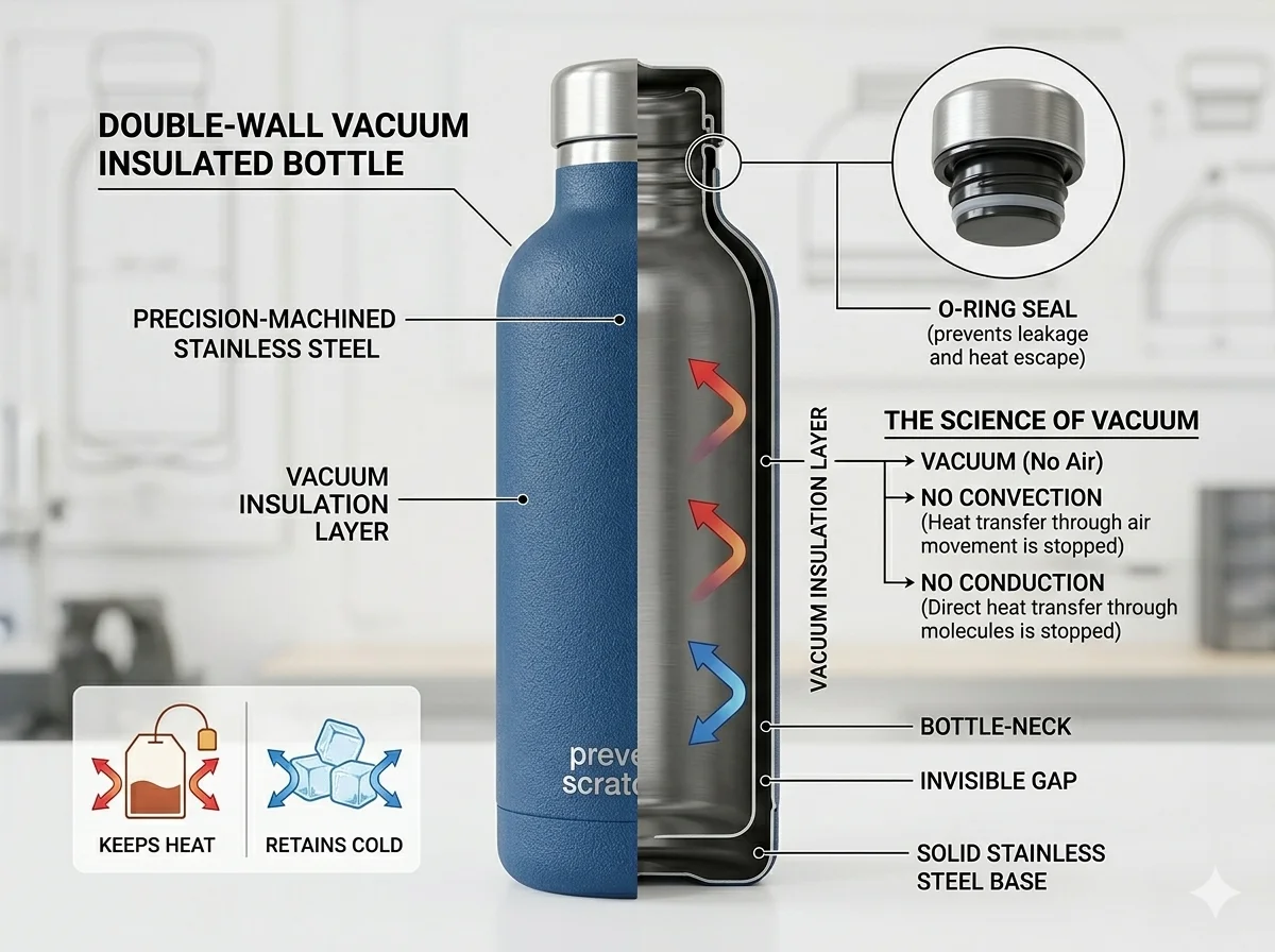 Infographic explaining the double-wall vacuum insulated bottle's features such as stainless steel construction and vacuum insulation layer.