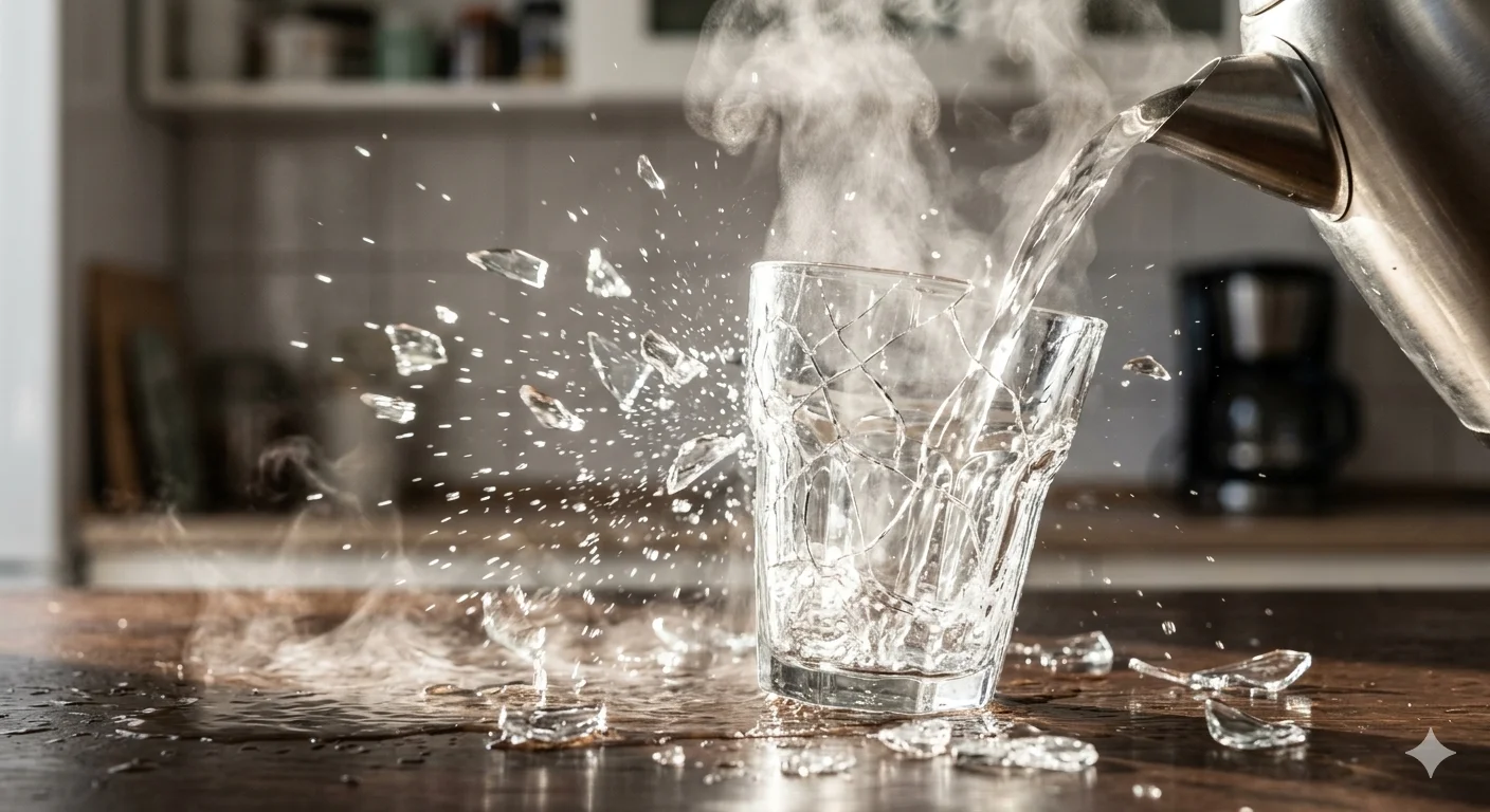Shattered glass as hot water is poured from a metal kettle, causing pieces to scatter and steam to rise.