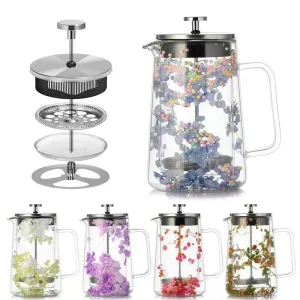 Glass tea pots with flowers and strainer components shown in exploded view.