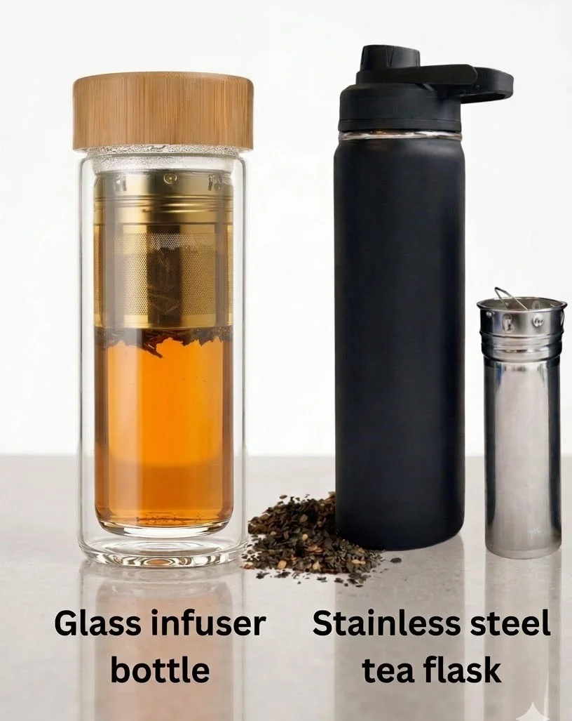 Glass infuser bottle with tea leaves beside a stainless steel tea flask with removable strainer.