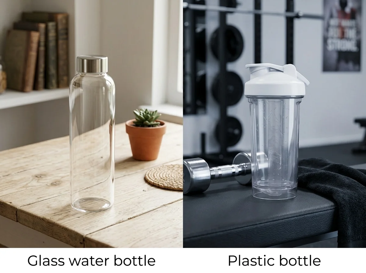 A glass water bottle on a wooden table and a plastic bottle on gym equipment, showcasing material and usage differences.