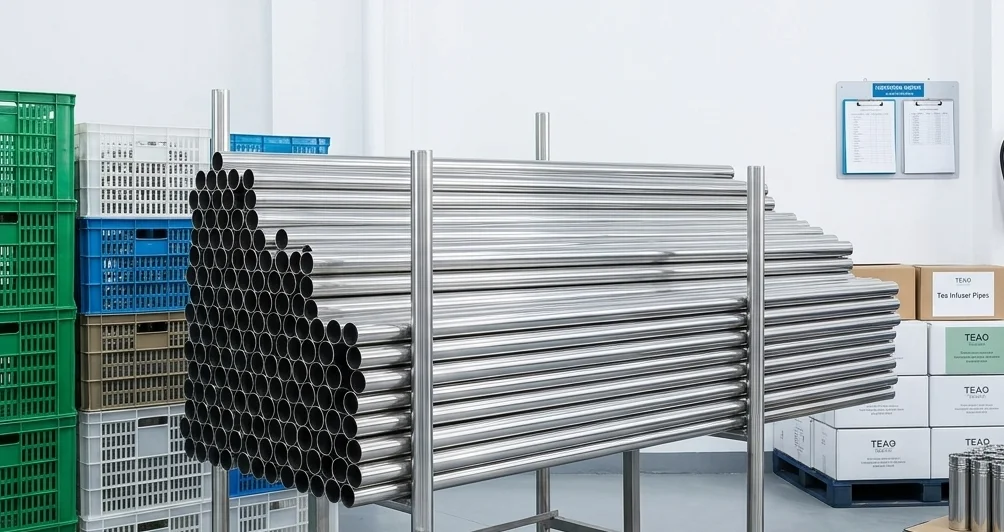 Stacked stainless steel tubes in a storage area with crates and boxes nearby.