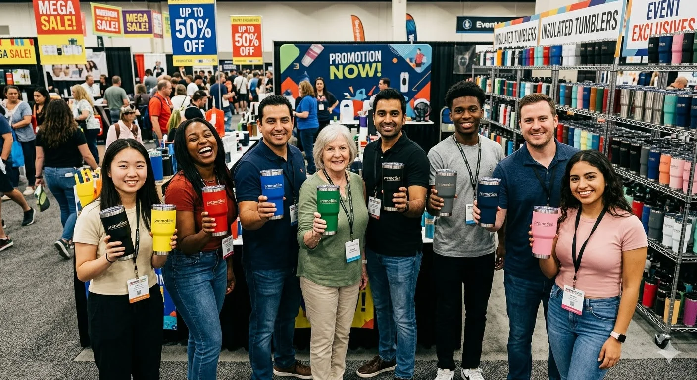 Group of people holding insulated tumblers at a trade show with promotional signage in the background.
