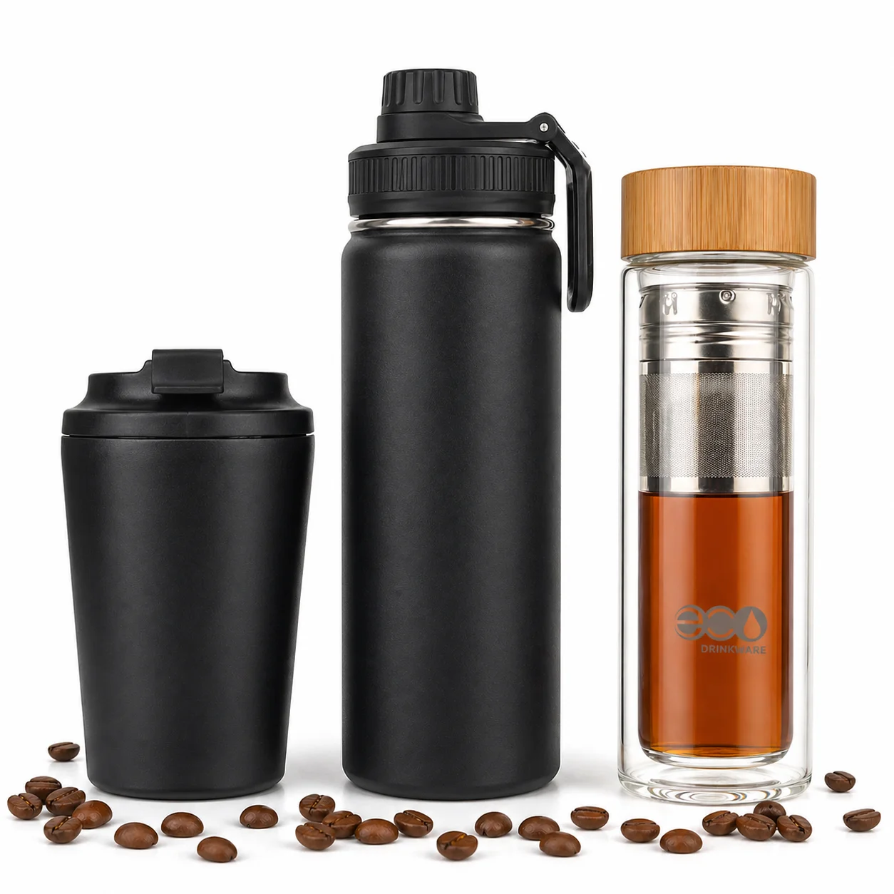 Three beverage containers: two black travel mugs and a glass tea bottle with bamboo lid, surrounded by coffee beans.