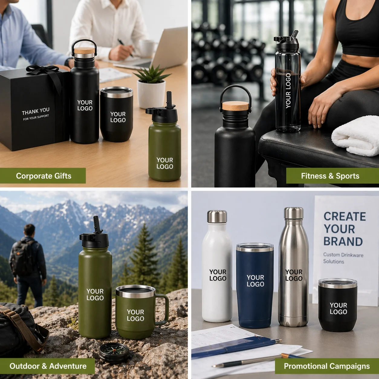A collage showcasing custom branded drinkware for corporate gifts, fitness, outdoor, and promotional use.