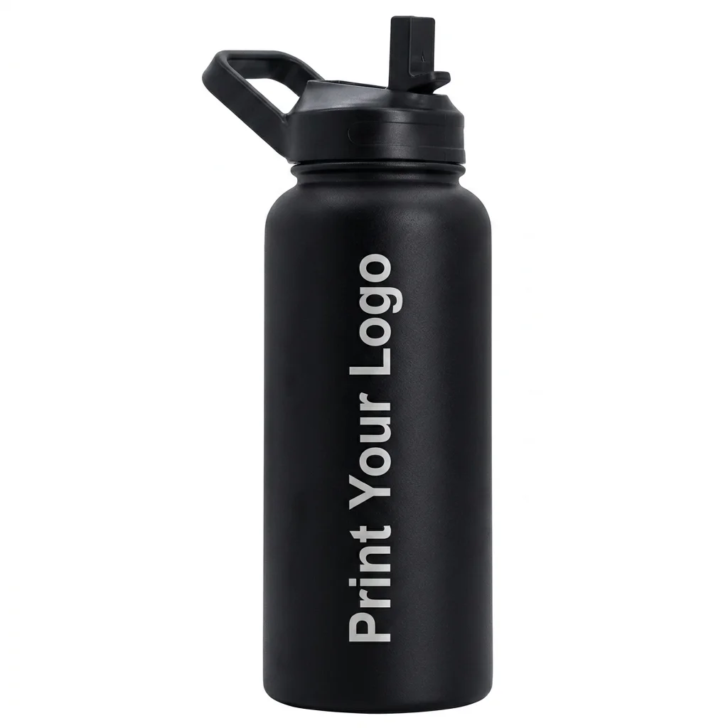 Black stainless steel water bottle with a flip-top lid and a handle, featuring a customizable logo design.