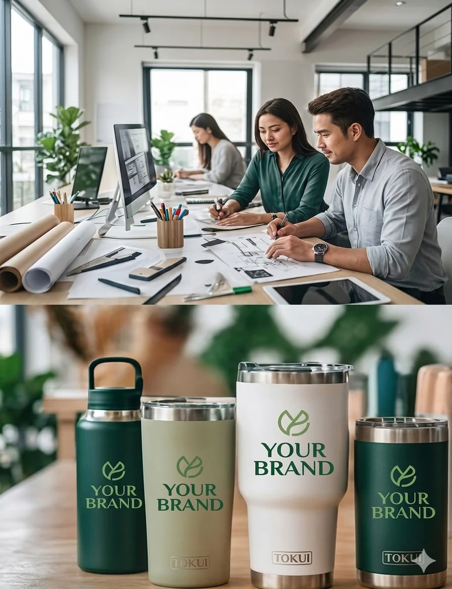 Professionals in an office setting discussing designs, with branded green and white tumblers displayed on a table.