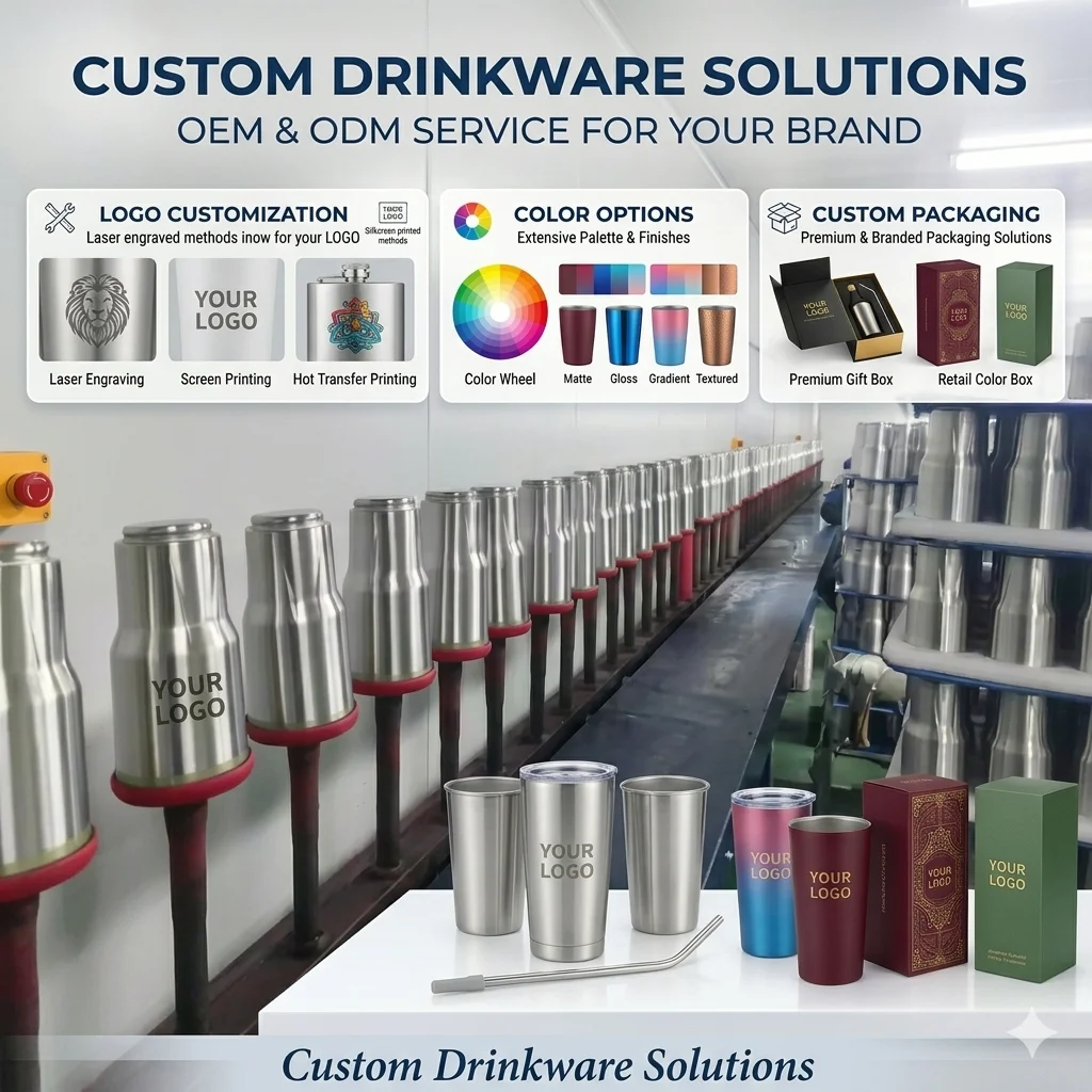 Custom stainless steel drinkware with logo options, color choices, and premium packaging solutions showcased on an assembly line.