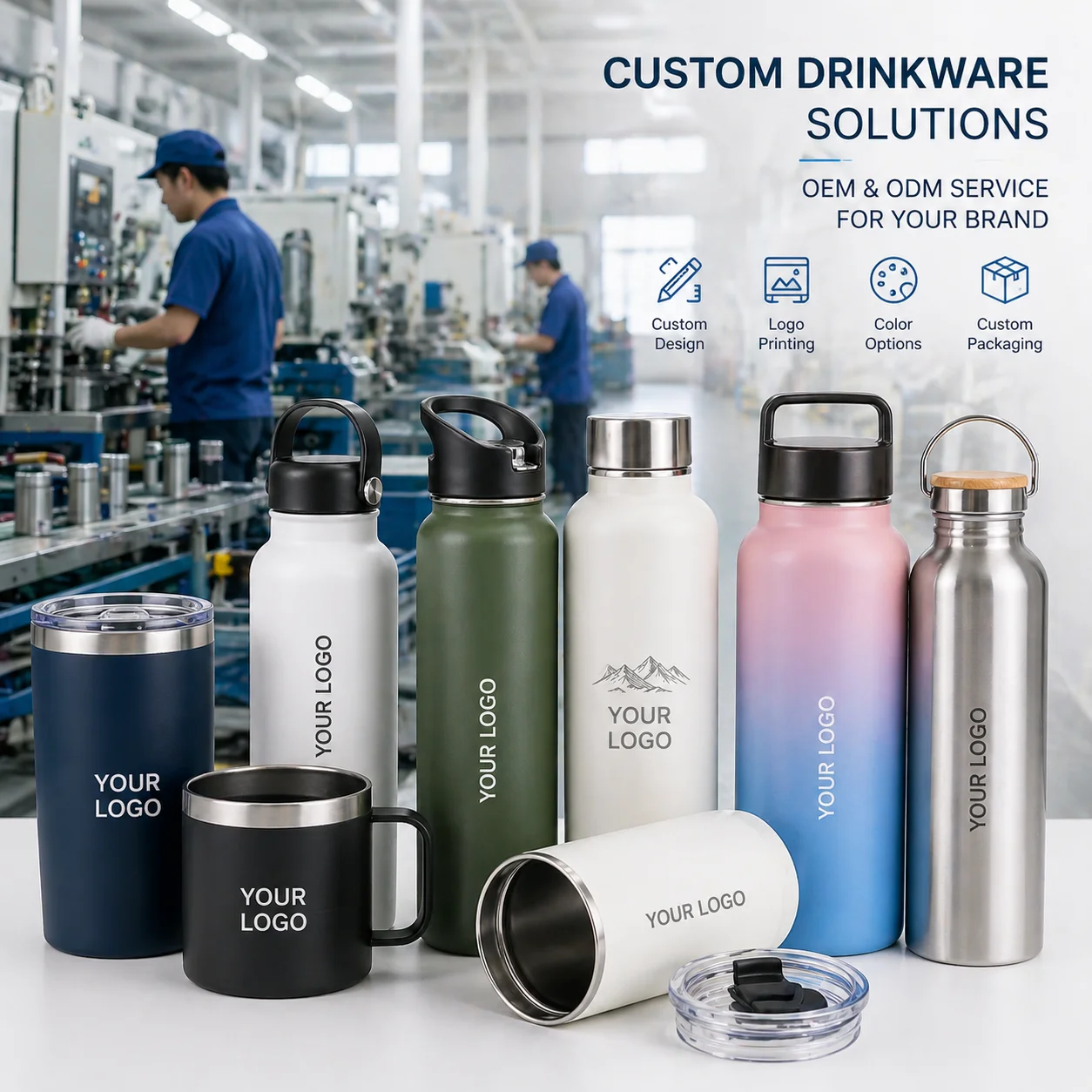 A variety of custom drinkware products including stainless steel bottles, mugs, and tumblers displayed on a table with a manufacturing plant in the background.