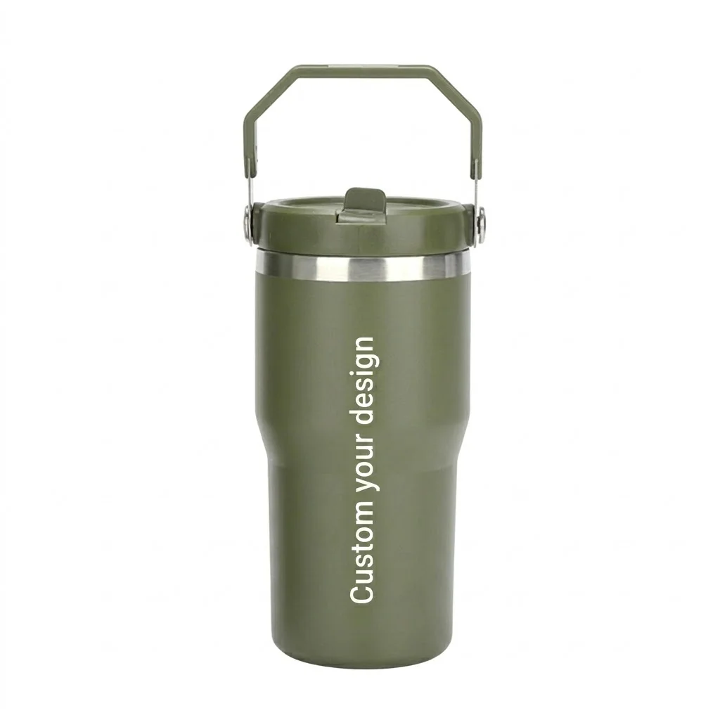 Green stainless steel tumbler with customizable design, featuring a handle and secure lid for convenience.