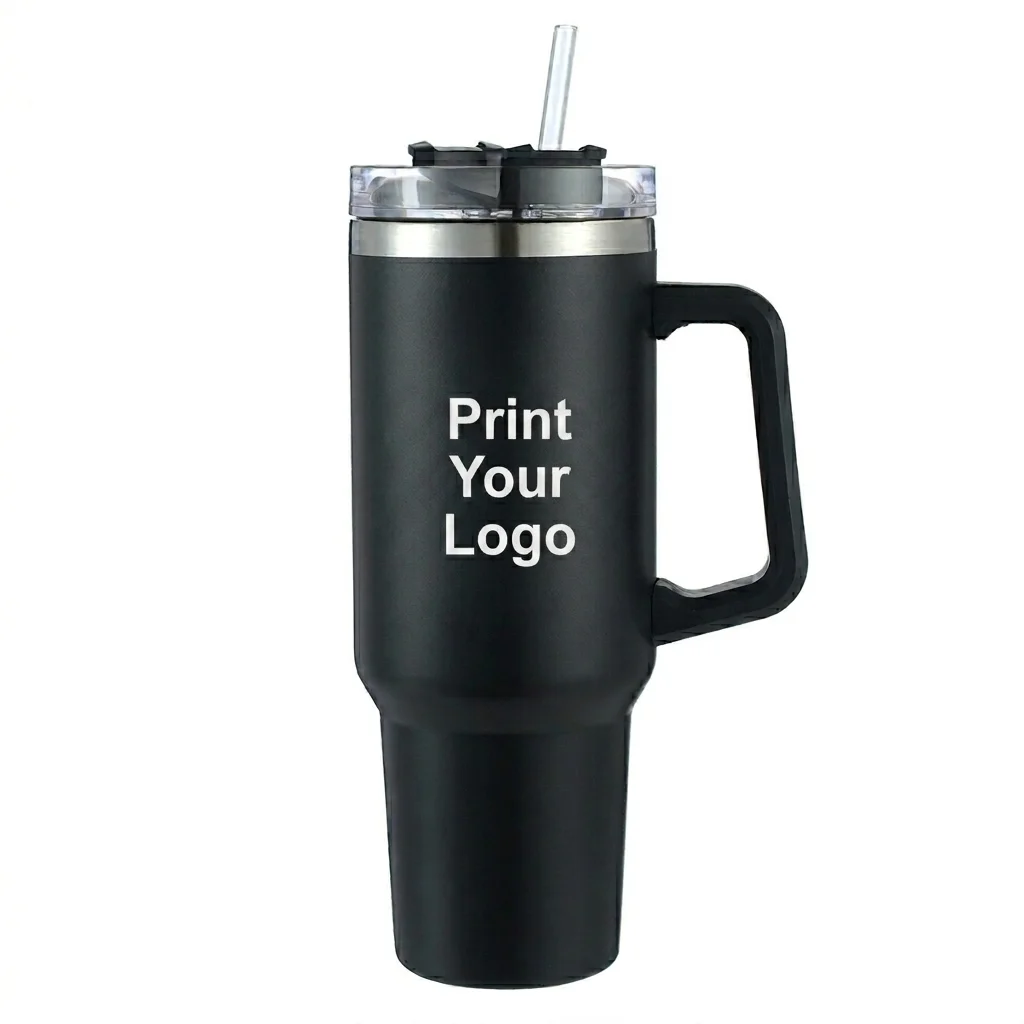Black insulated tumbler with handle and straw lid, featuring a customizable logo space.