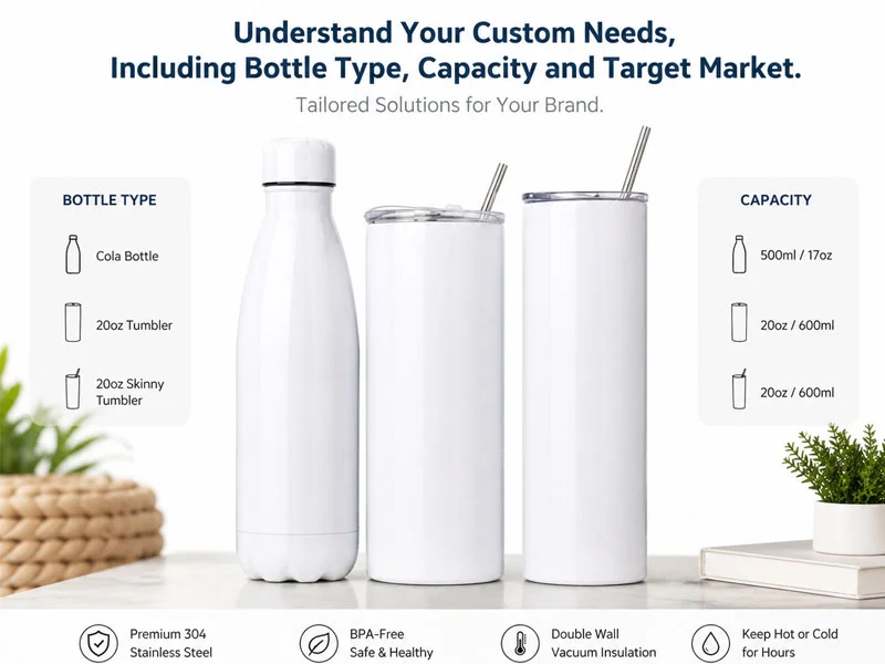 Various types of customizable white bottles and tumblers with details on bottle types and capacities.