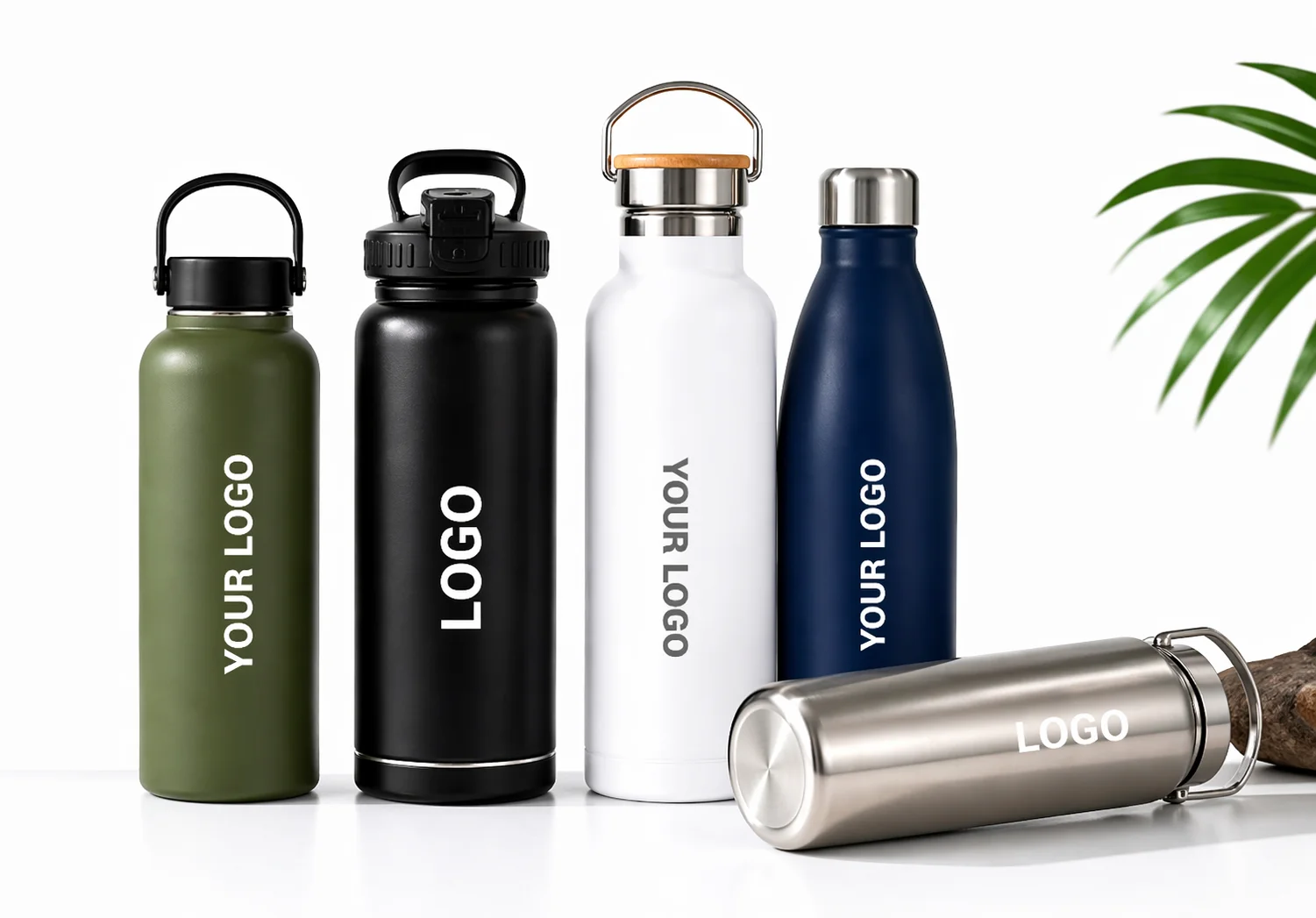 A variety of customizable stainless steel water bottles in different colors and designs placed on a white background with a leaf decoration.