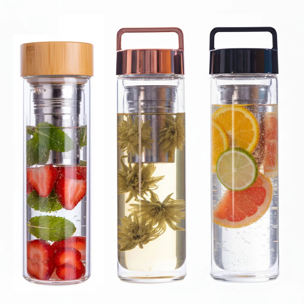 Three glass infuser bottles with bamboo, copper, and black lids, filled with fruits, flowers, and fresh ingredients.