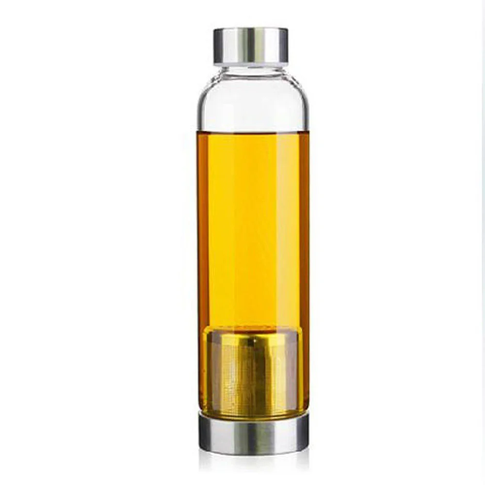 Glass tea bottle with stainless steel infuser filled with amber liquid against white background.
